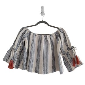 Tularosa Cream Blue Marley Stripe Off Shoulder Tassle Cropped Shirt